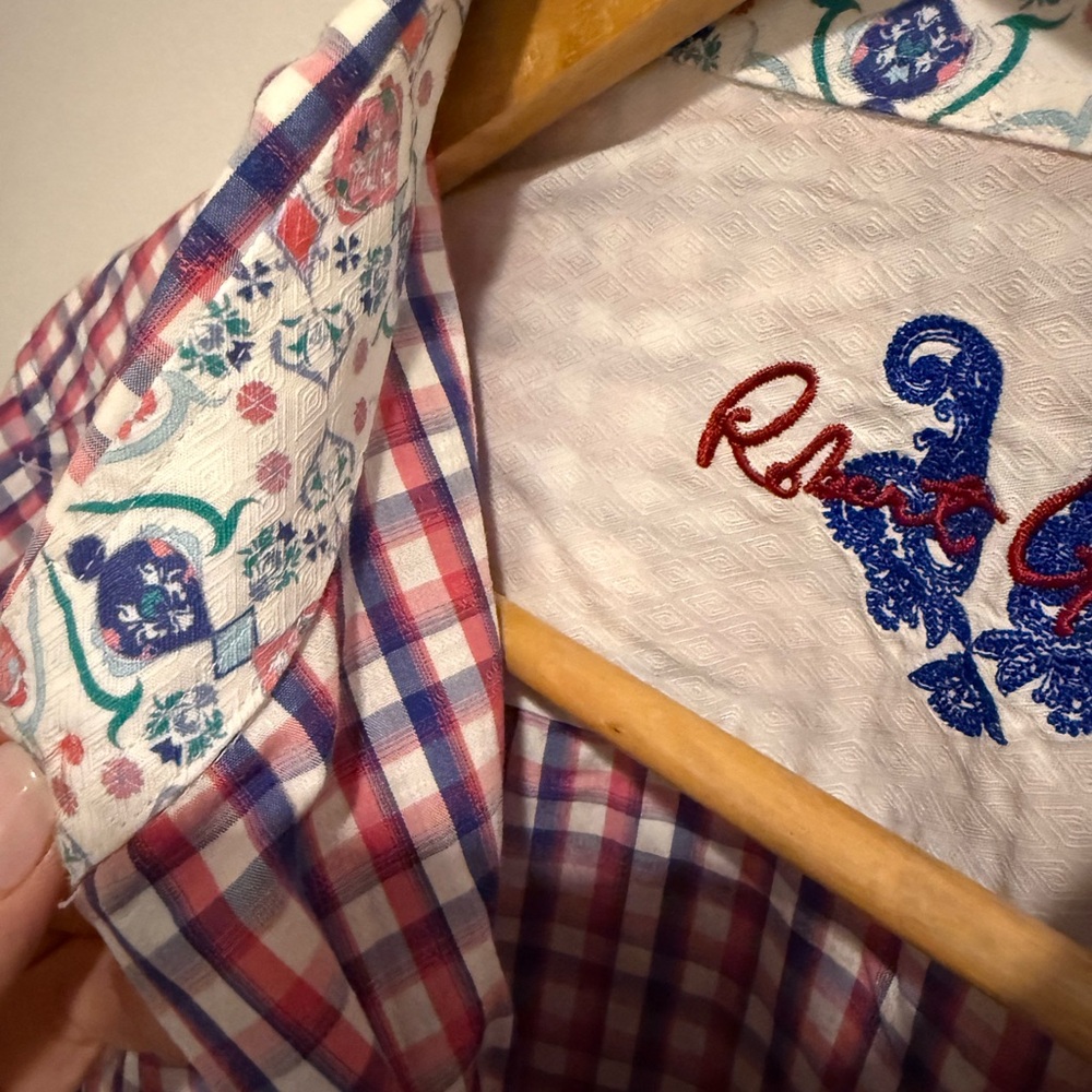 Robert Graham Dress Shirt Medium Classic Fit Red White Gingham Check Paisley - Picture 6 of 11